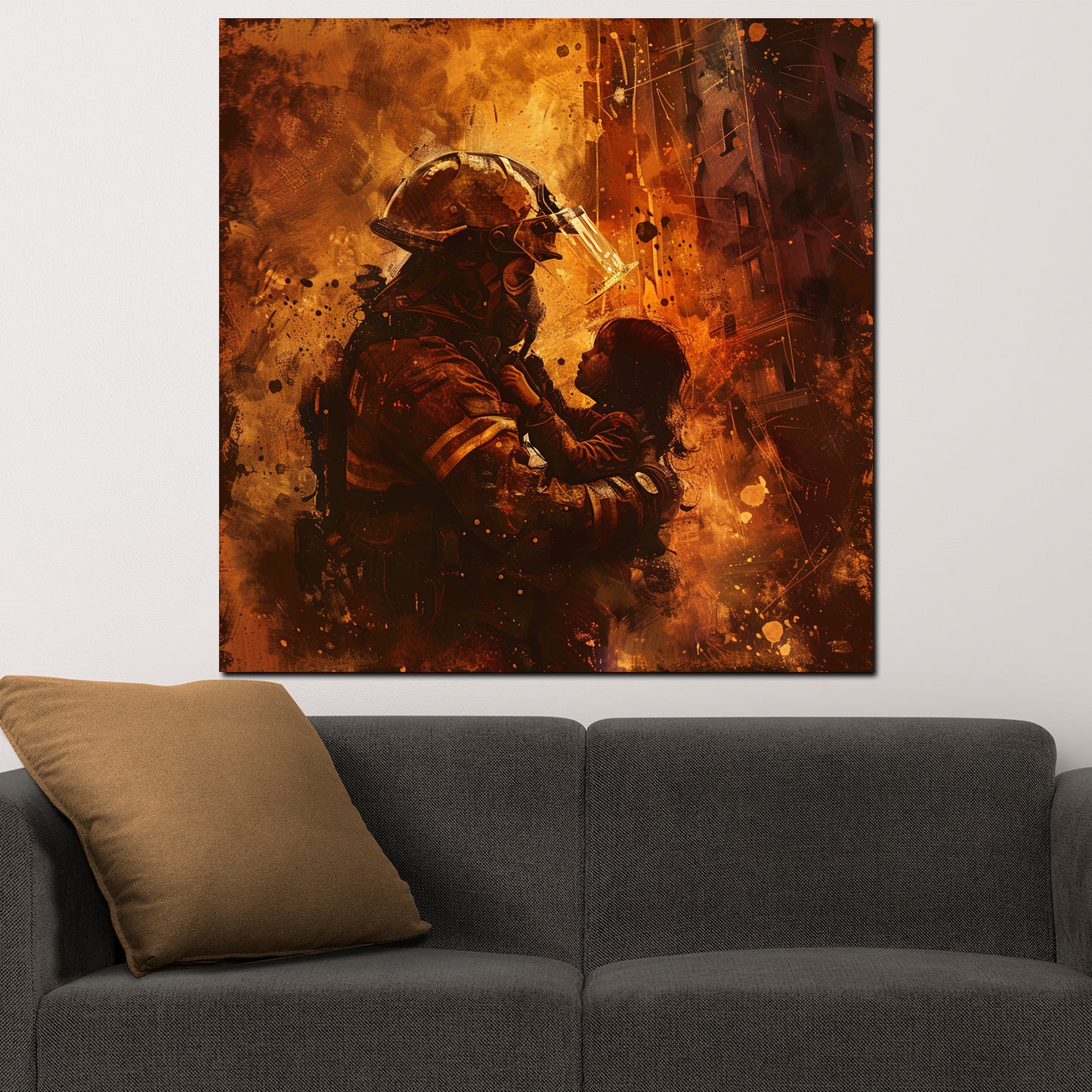 Wandbild Kunstwerk abstrakt Beautiful Job Feuerwehrmann rettet Kind