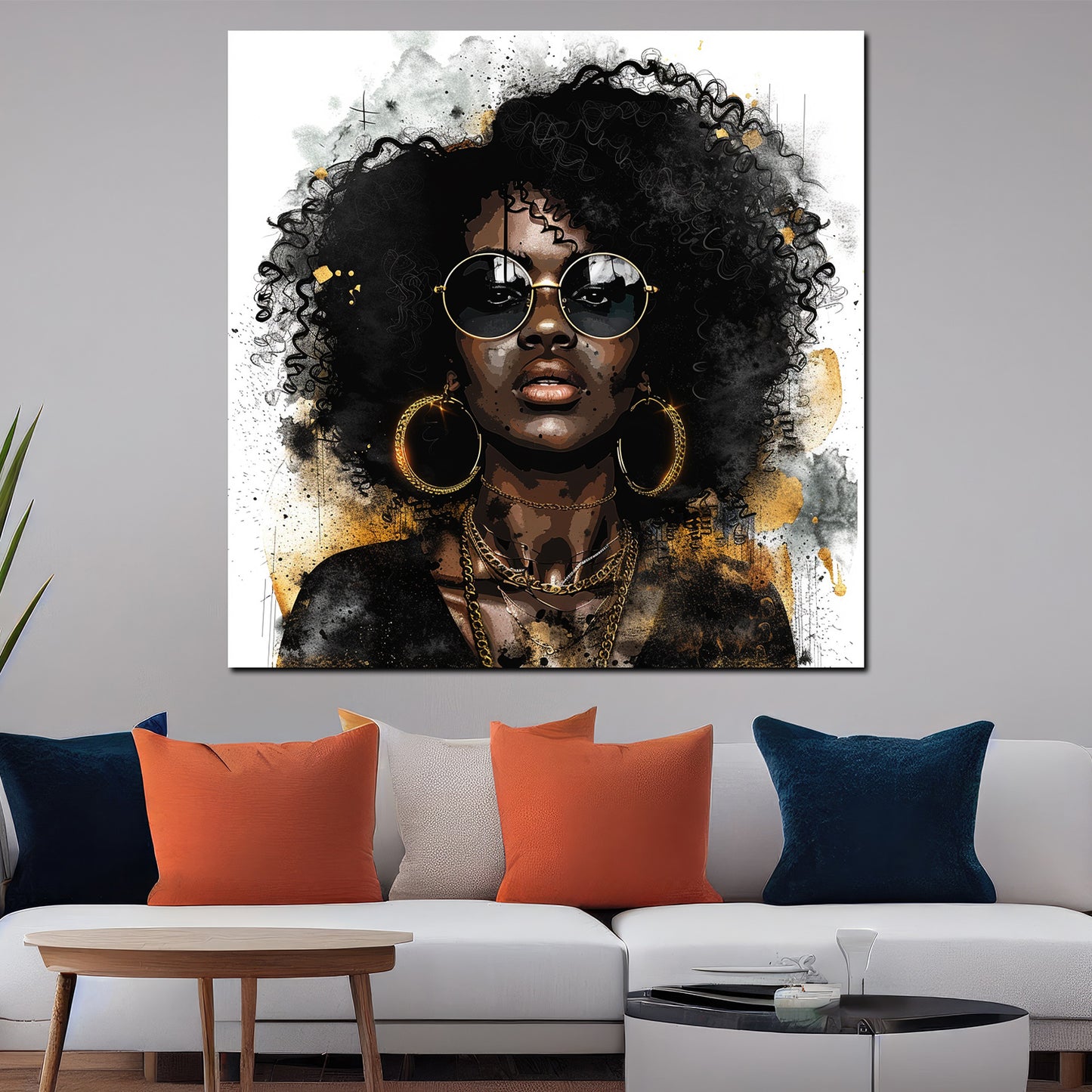 Wandbild Kunstwerk abstrakt Frau mit Afrolook und goldenen Accessoires