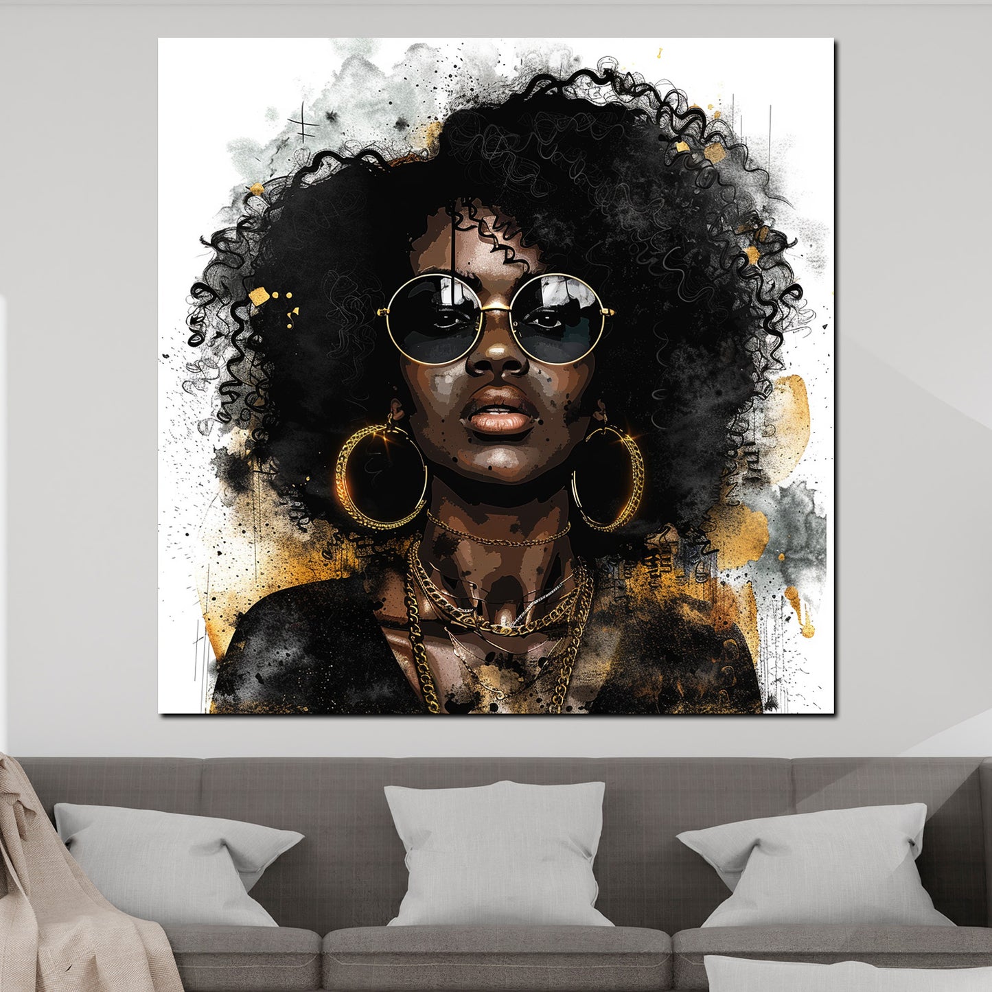 Wandbild Kunstwerk abstrakt Frau mit Afrolook und goldenen Accessoires