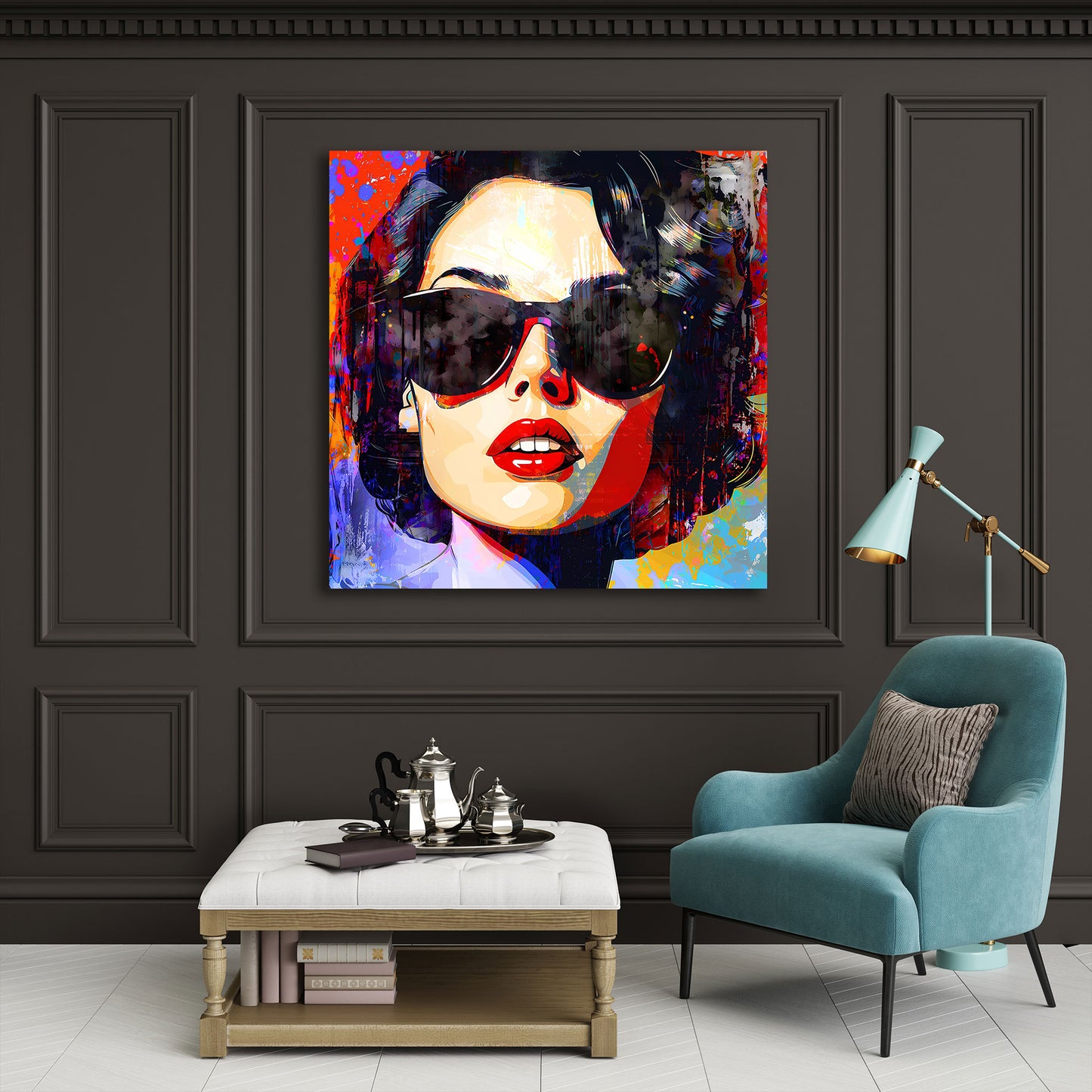 Wandbild Kunstwerk abstrakt Frauen Portrait mit Sonnenbrille Pop Art