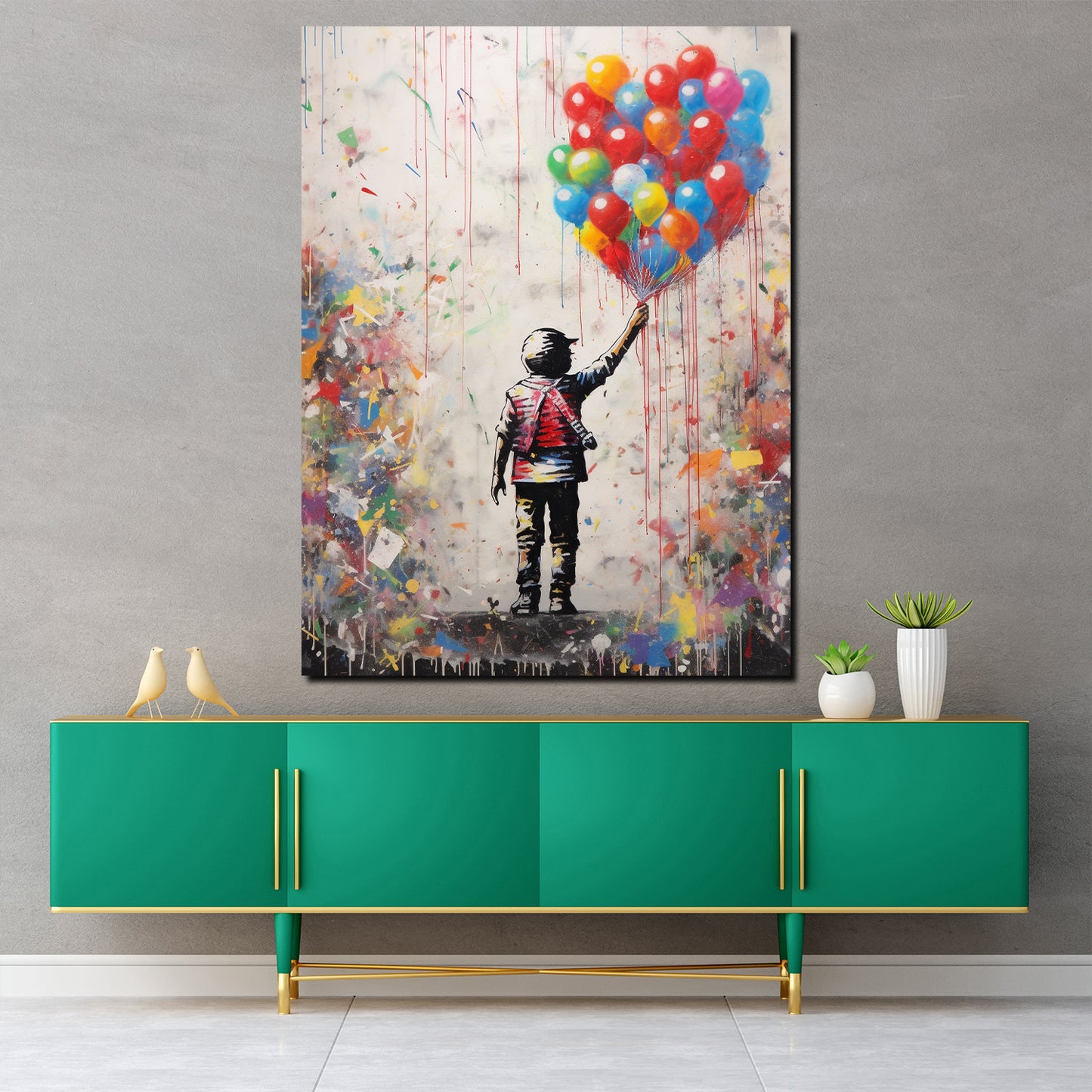 Wandbild Kunstwerk abstrakt Junge mit bunten Luftballons