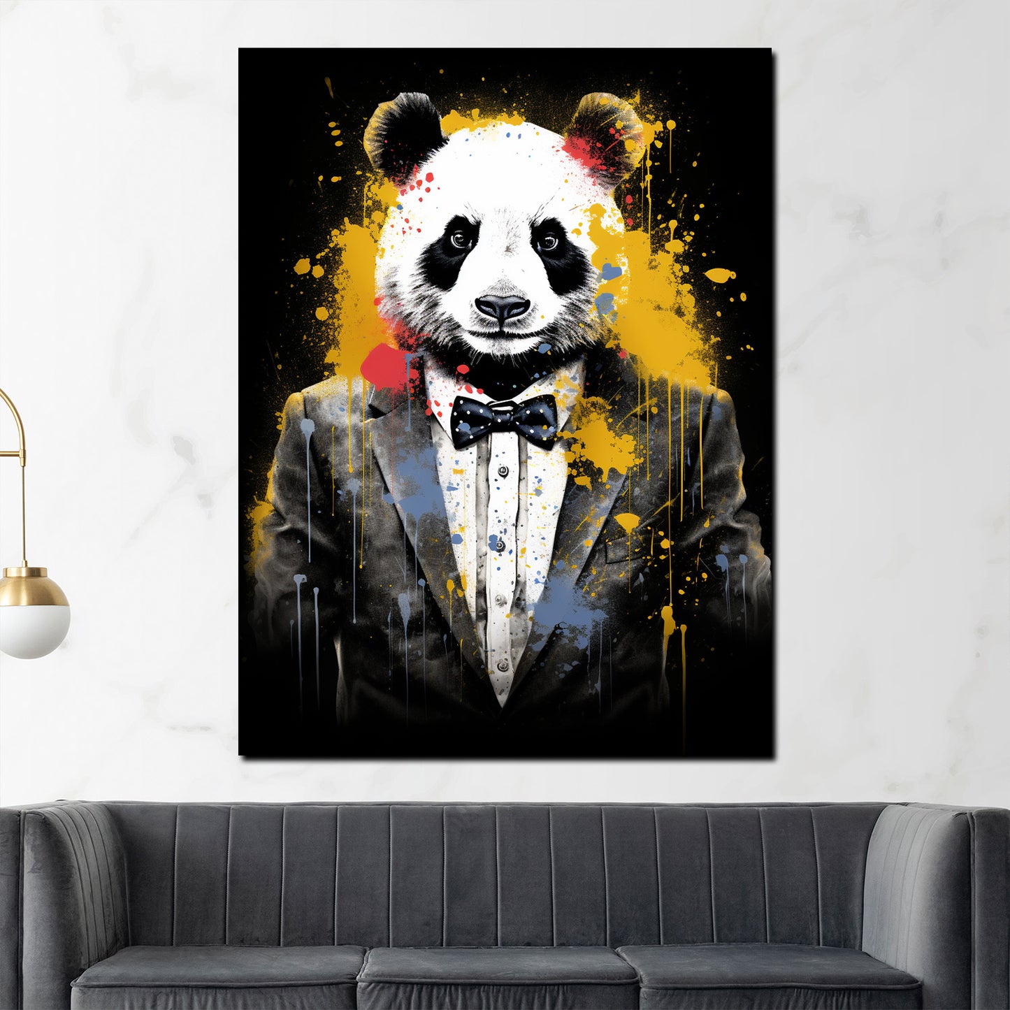 Wandbild Kunstwerk abstrakt Panda im Anzug Pop Art Splash