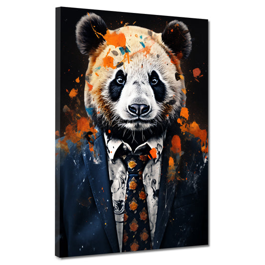 Wandbild Kunstwerk abstrakt Panda im blauen Anzug Pop Art Splash