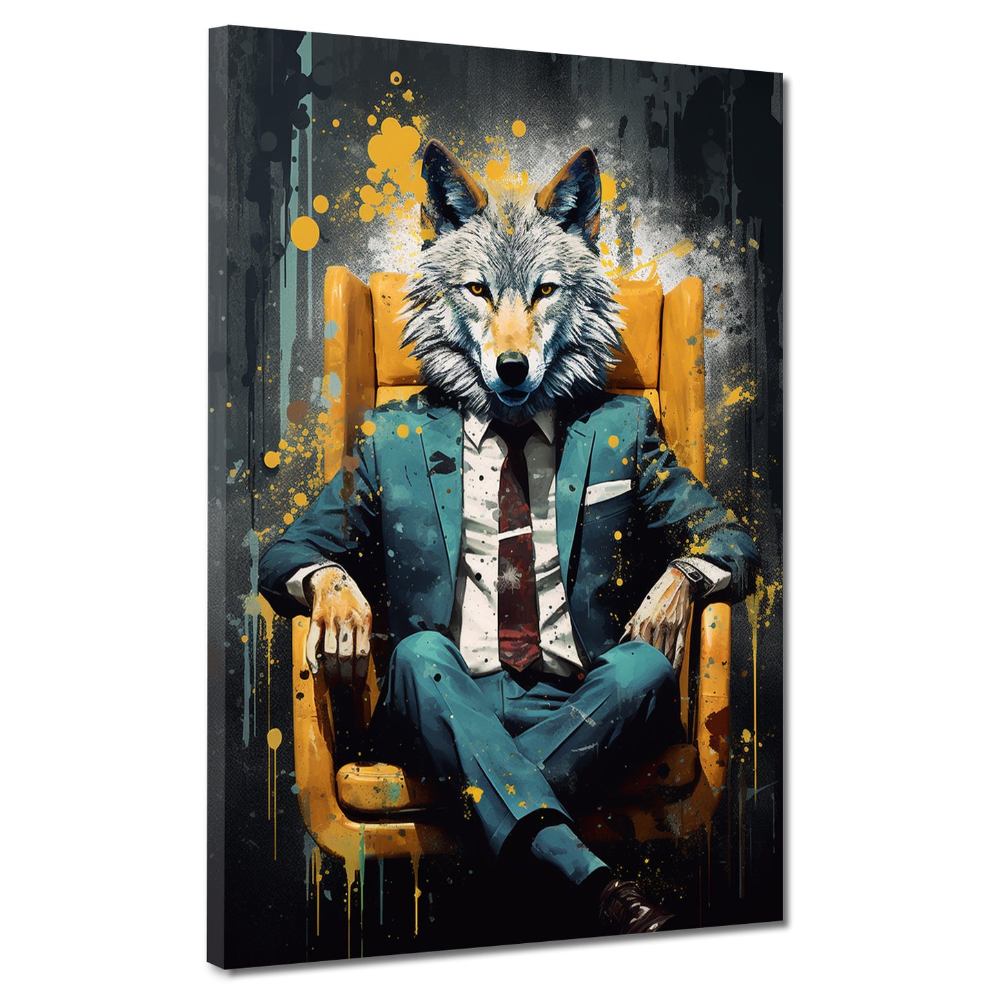 Wandbild Kunstwerk abstrakt Wolf im Anzug Leder-Sessel Black Style