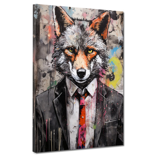 Wandbild Kunstwerk abstrakt Wolf im Anzug Pop Art Colour