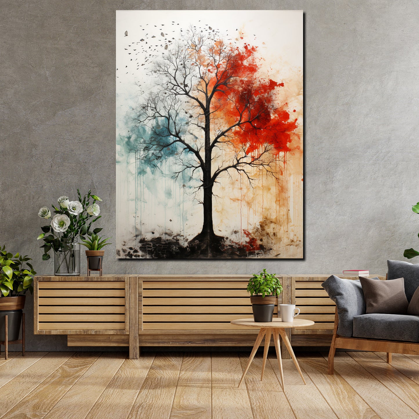 Wandbild Kunstwerk abstrakt kahler Baum rot blau