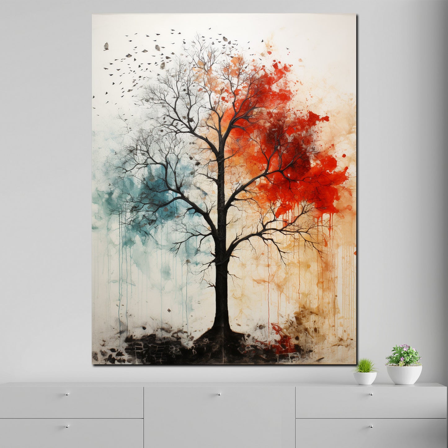 Wandbild Kunstwerk abstrakt kahler Baum rot blau