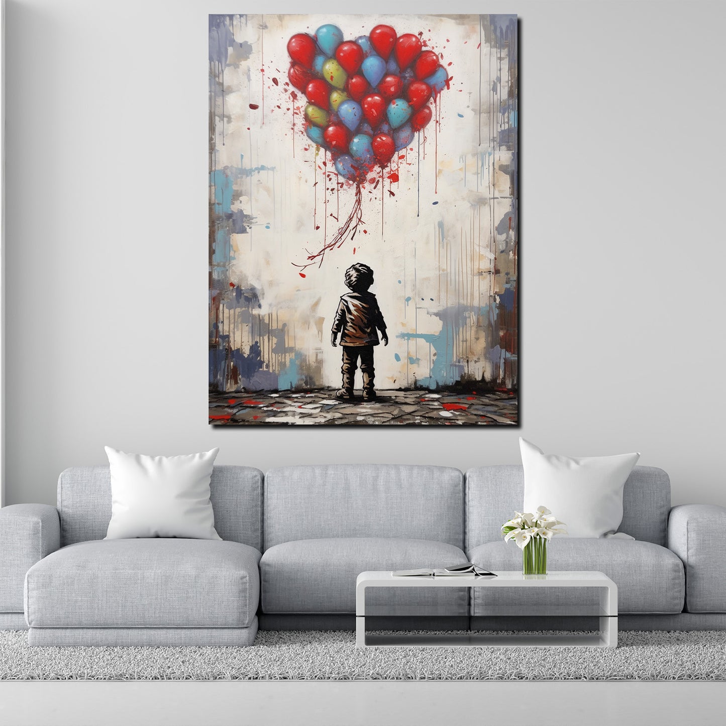 Wandbild Kunstwerk abstrakt kleiner Junge mit bunten Luftballons