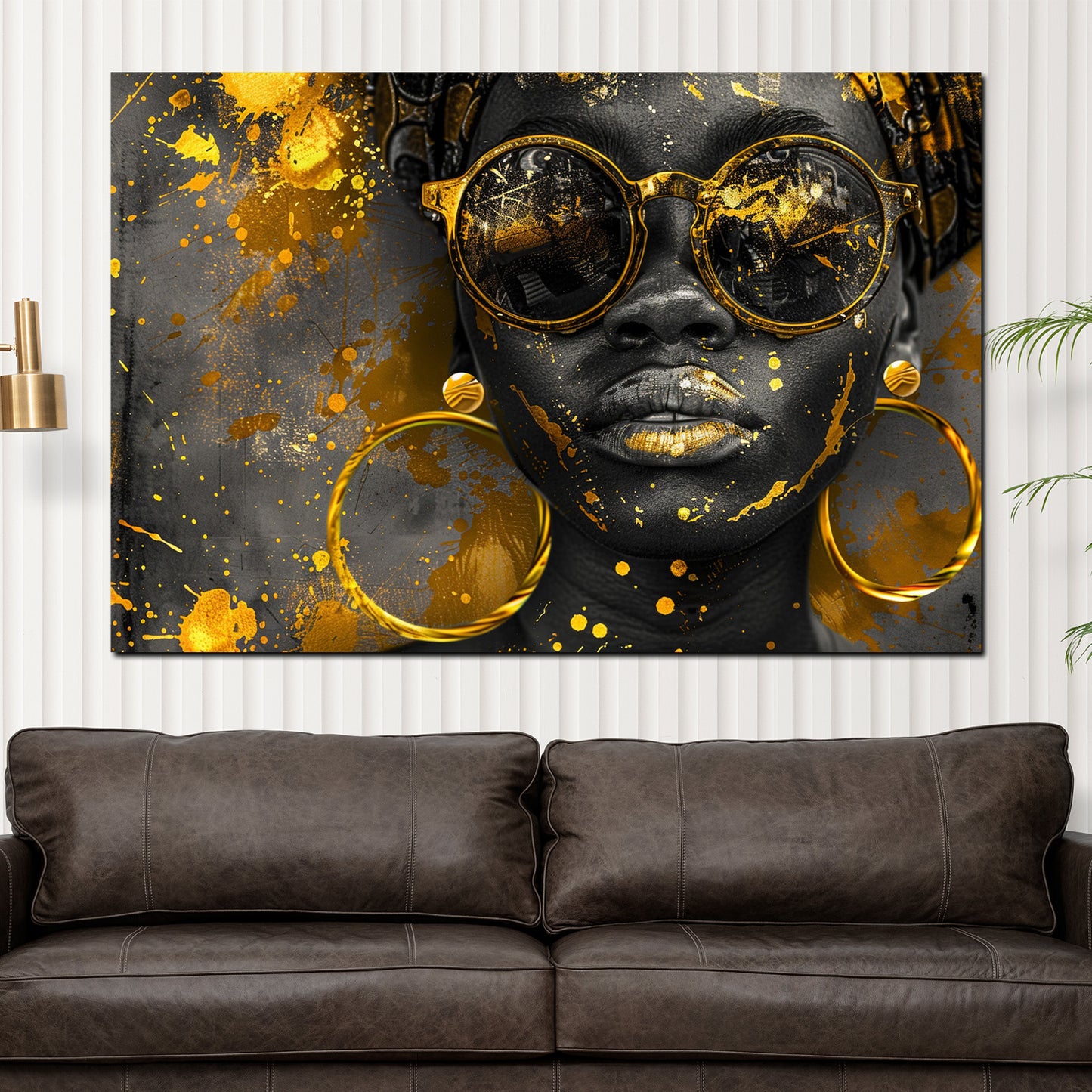 Wandbild Kunstwerk afrikanische Frau mit goldener Brille und Ohrringen modern