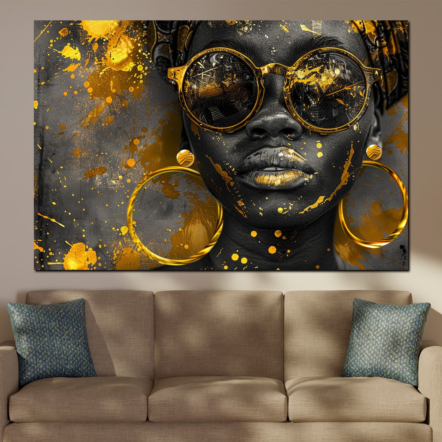 Wandbild Kunstwerk afrikanische Frau mit goldener Brille und Ohrringen modern