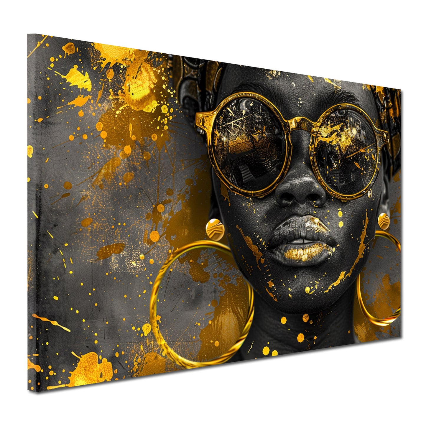 Wandbild Kunstwerk afrikanische Frau mit goldener Brille und Ohrringen modern