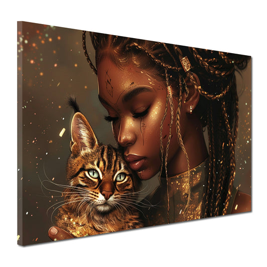 Wandbild Kunstwerk afroamerikanische Frau Katze stilvoll