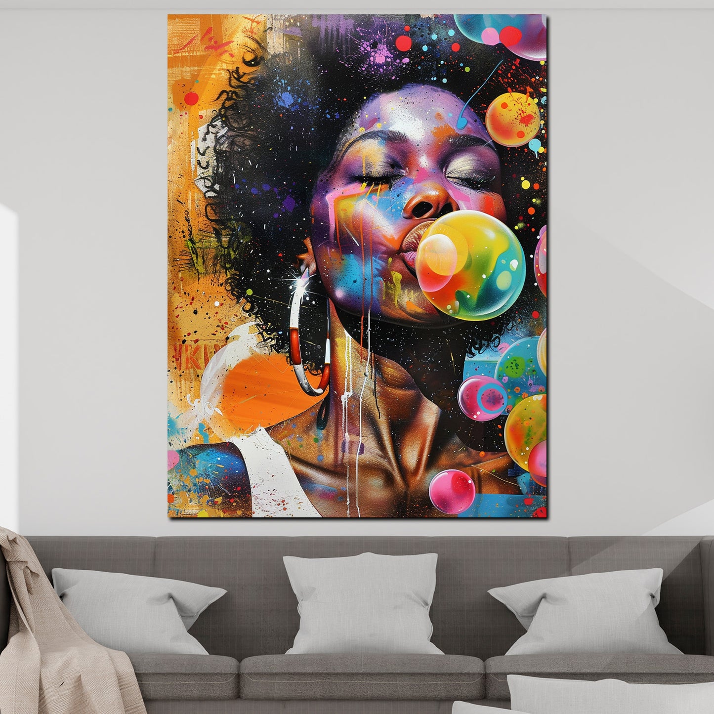 Wandbild Kunstwerk afroamerikanische Frau Kaugummi Pop Art farbenfroh