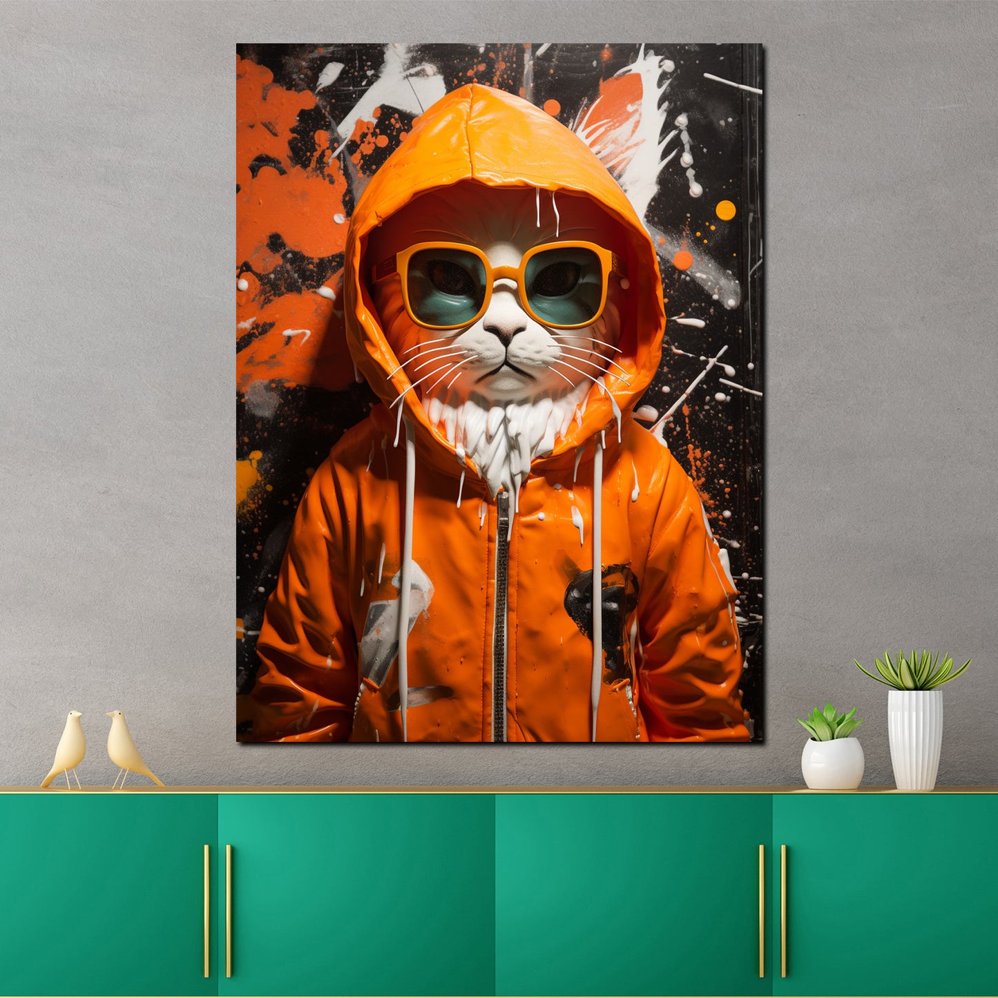 Wandbild Kunstwerk coole Katze mit Jacke und Sonnenbrille Pop Art