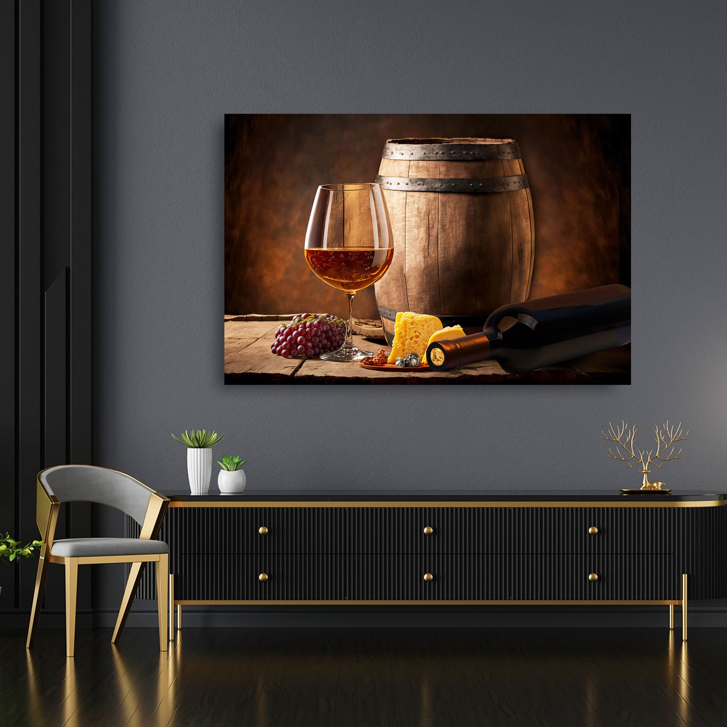 Wandbild Kunstwerk modern Wein mit Käse und Trauben