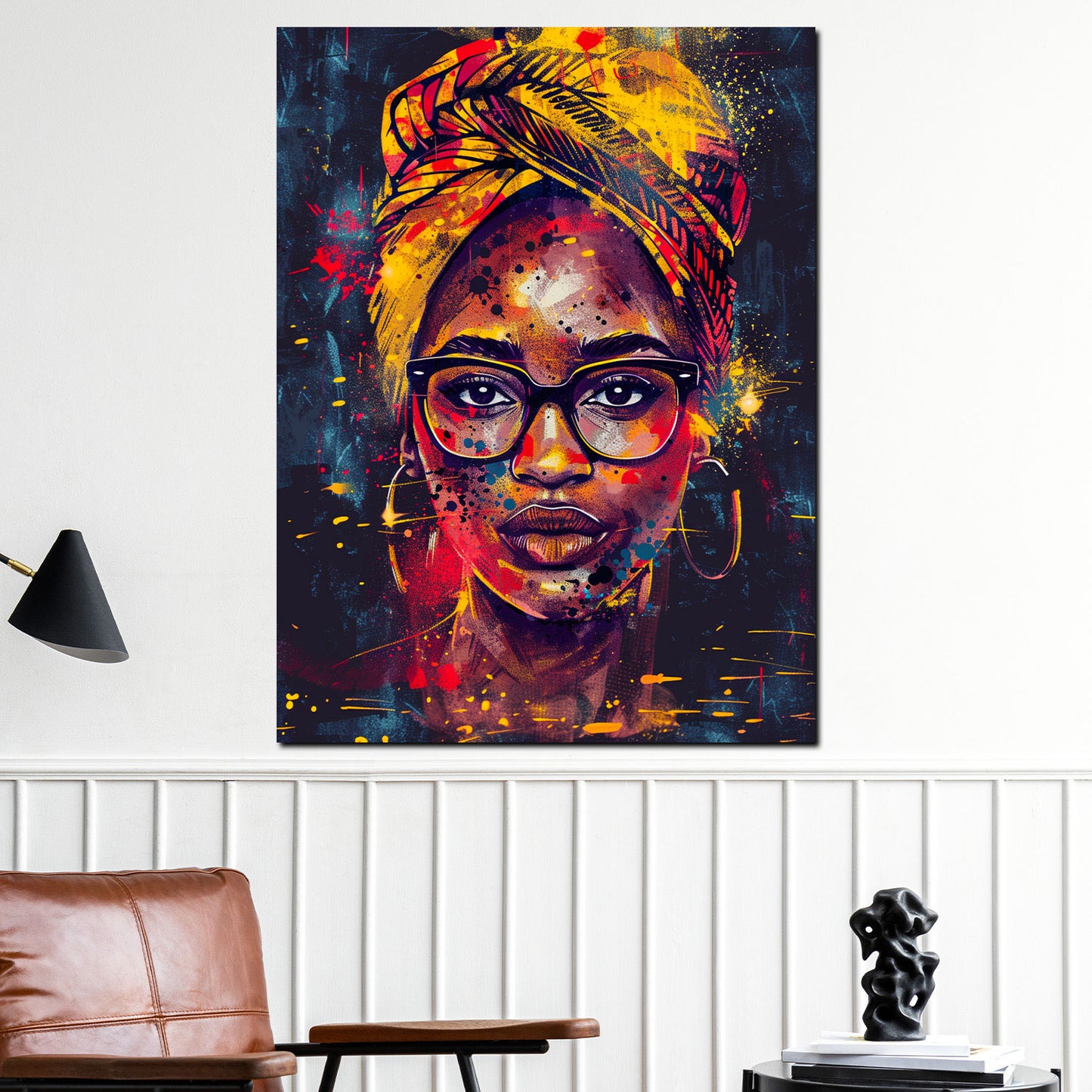 Wandbild Kunstwerk moderne afrikanische Frau mit leuchtendem Kopftuch Pop Art