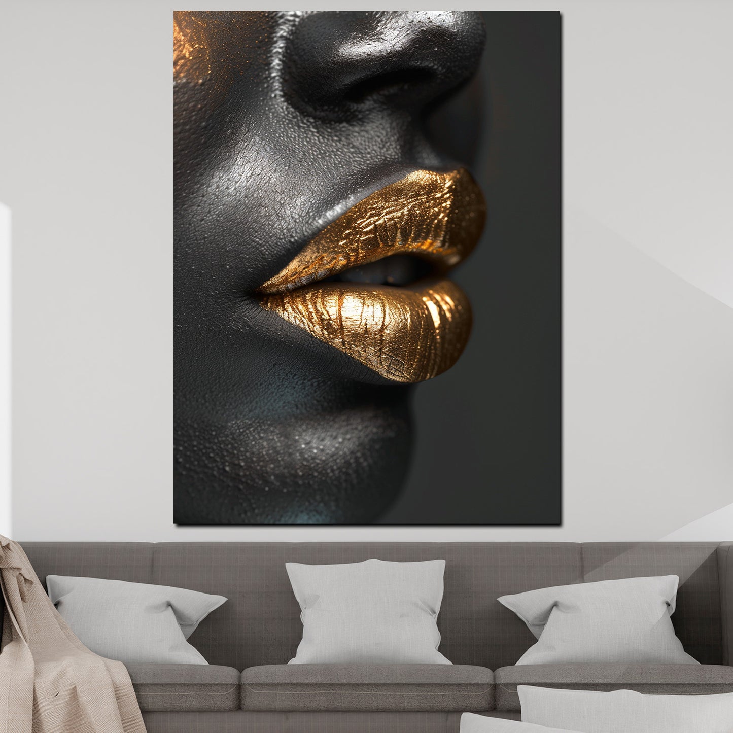 Wandbild Kunstwerk sinnliche Lippen in Gold