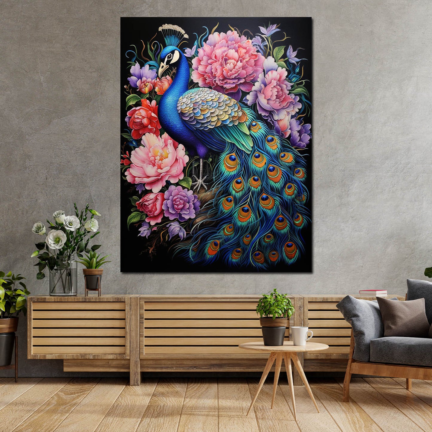 Wandbild Kunstwerk wunderschöner Pfau mit Blumen