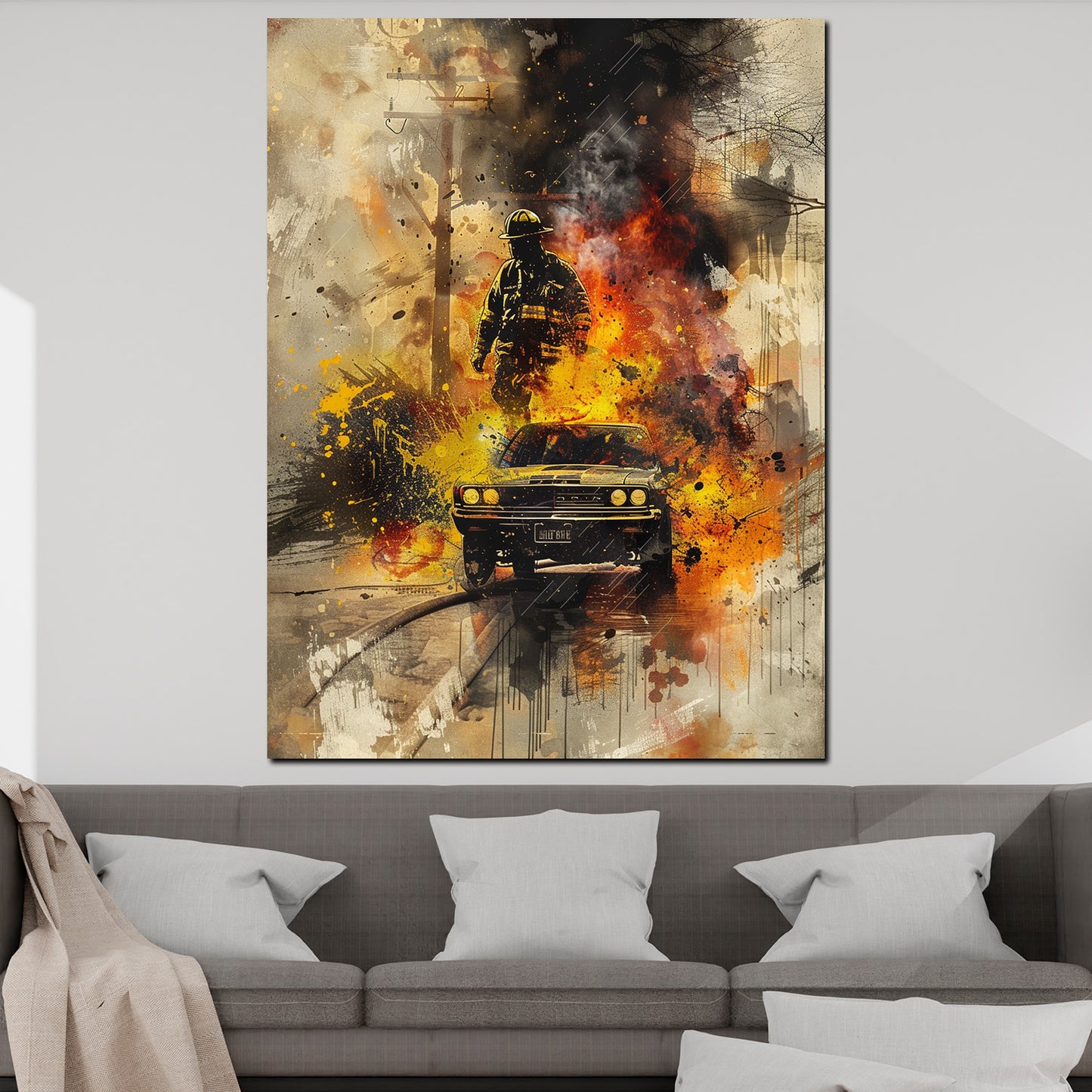 Wandbild Kunstwerk abstrakt Feuerwehrmann mit brennendes Auto Oldtimer