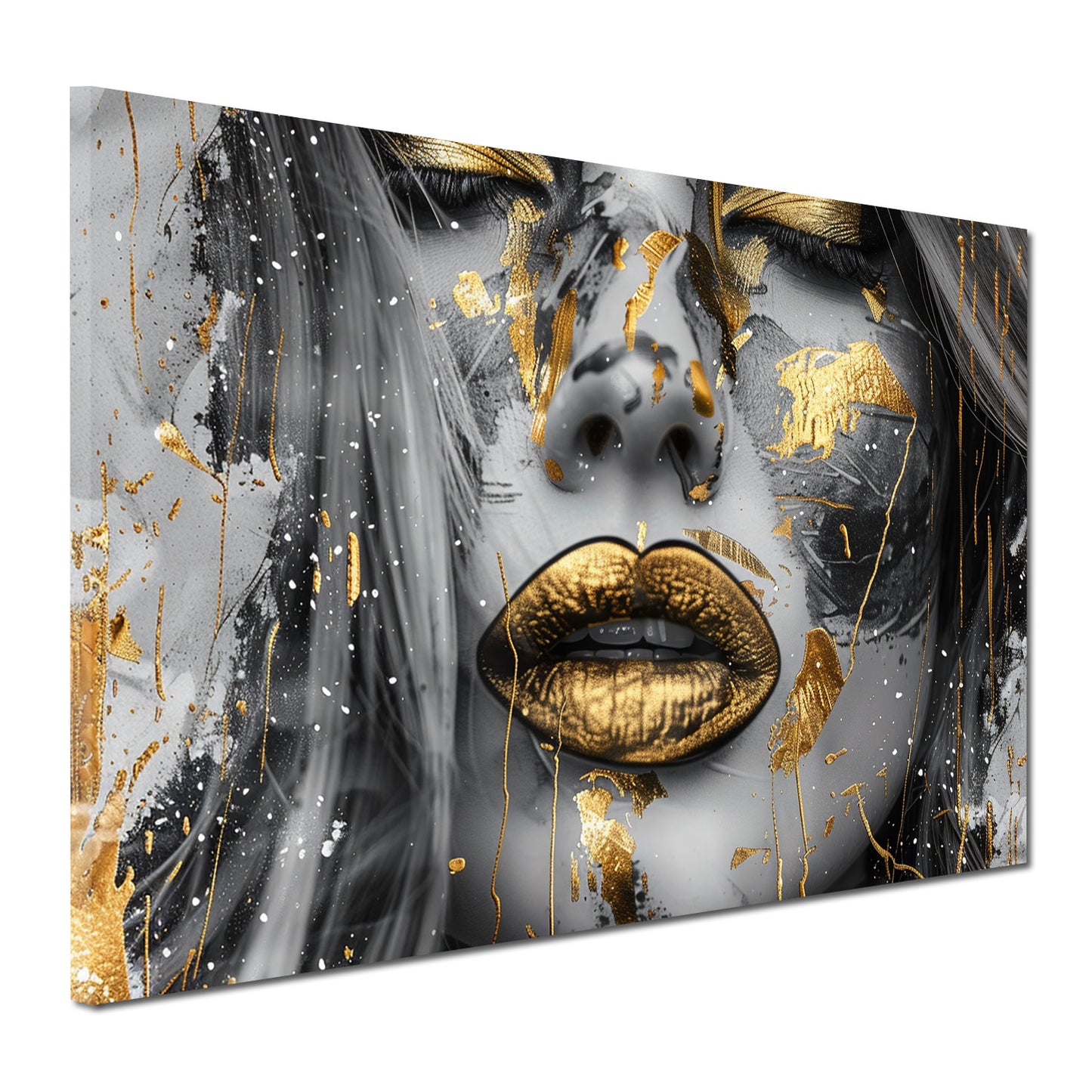 Wandbild Kunstwerk Frau mit goldenen Lippen und Akzenten