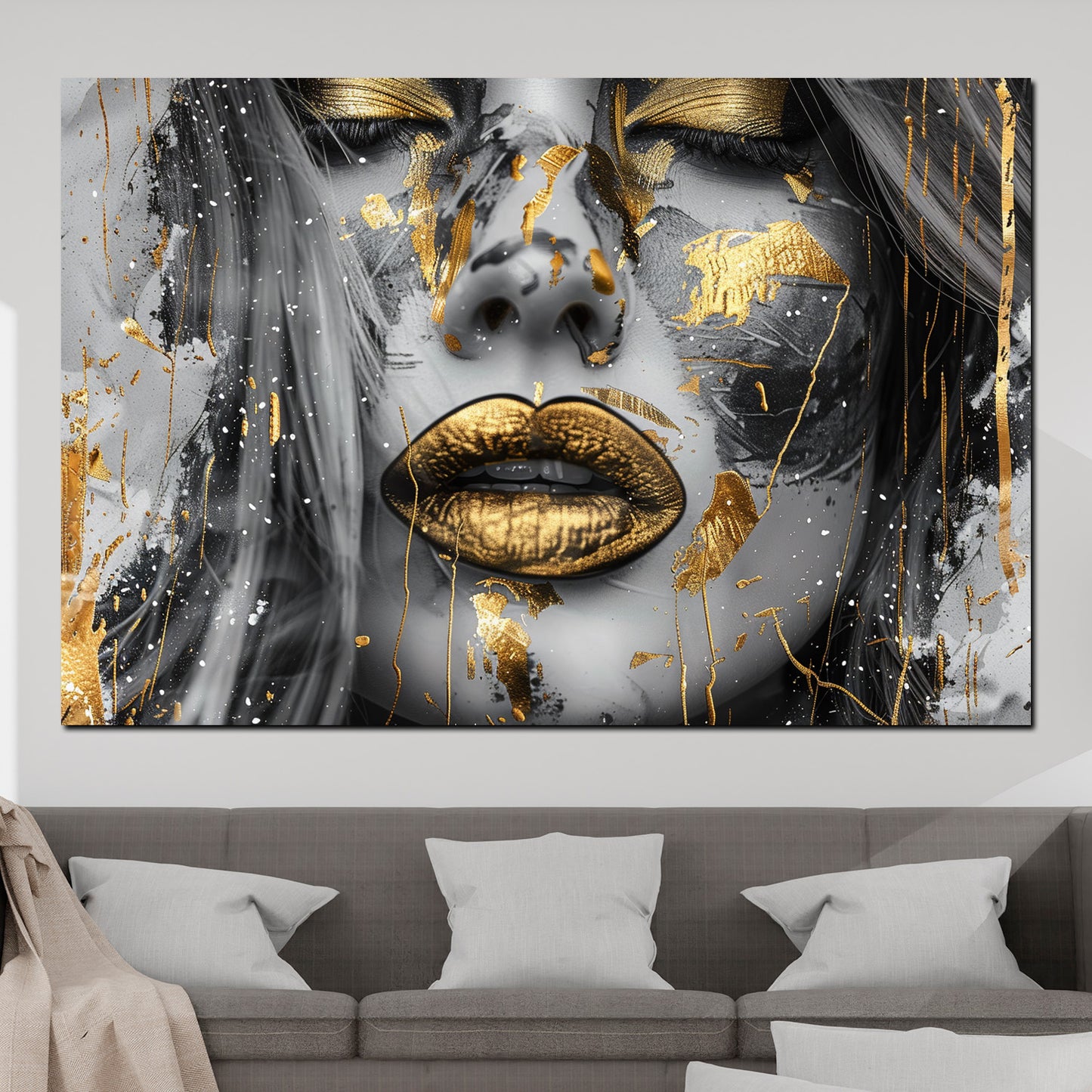 Wandbild Kunstwerk Frau mit goldenen Lippen und Akzenten