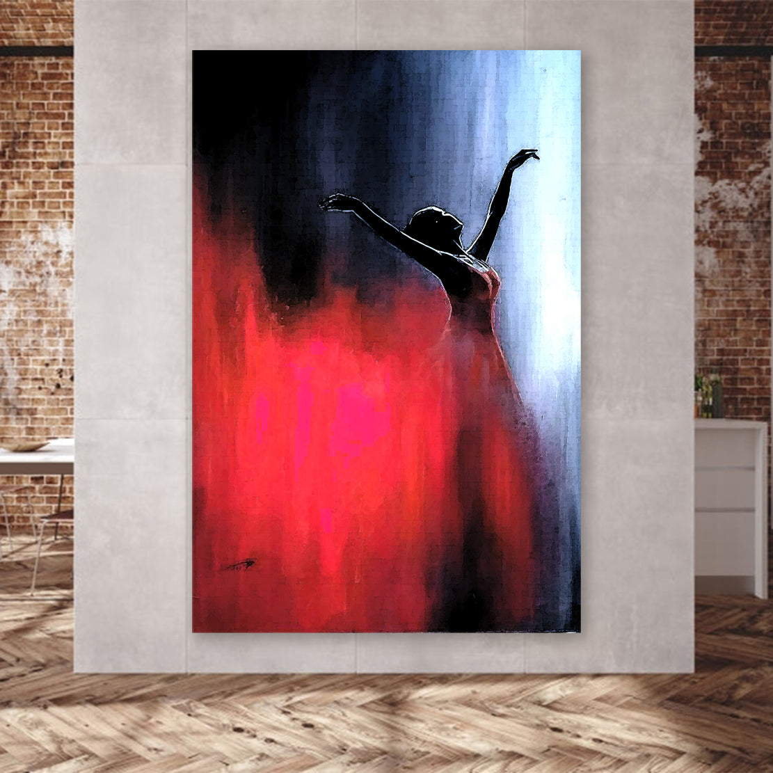 Wandbild Kunstwerk Ballerina mit rotem Kleid Abstract Blue Edition