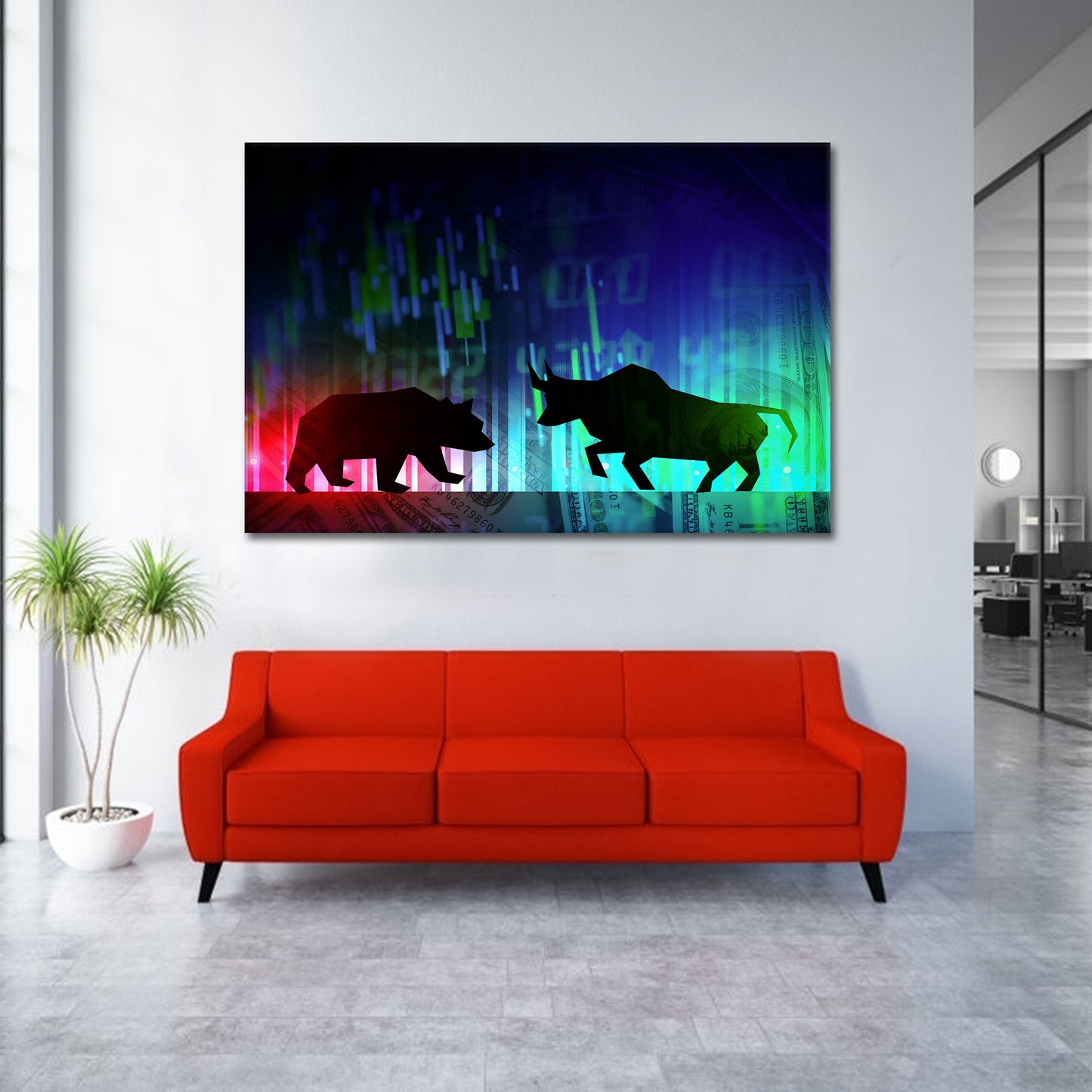 Wandbild Kunstwerk Börse Bull & Bear, Büro