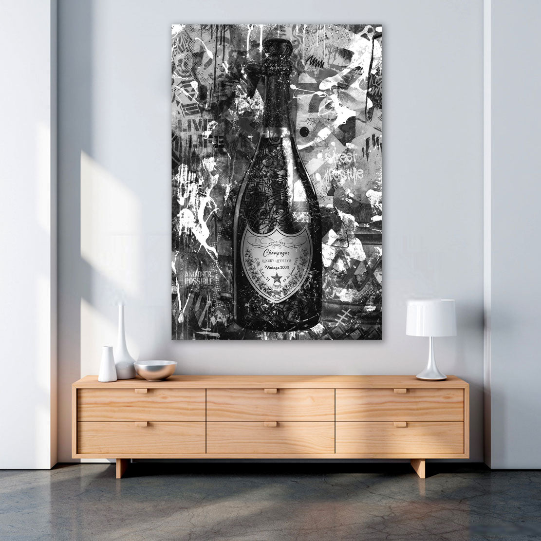 Wandbild Kunstwerk Champagner Lifestyle Street Art Flasche, schwarz & weiß