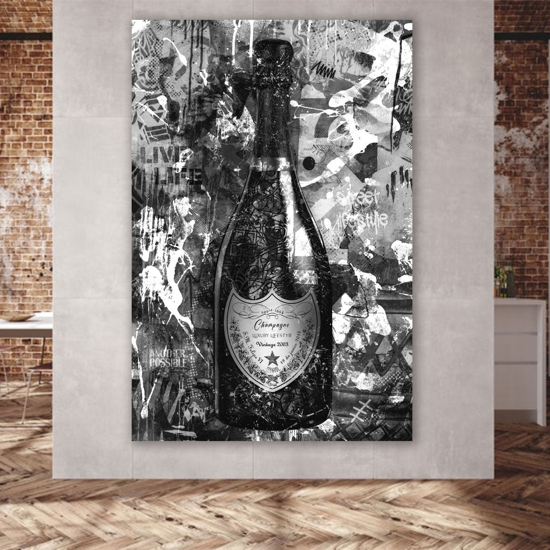 Wandbild Kunstwerk Champagner Lifestyle Street Art Flasche, schwarz & weiß