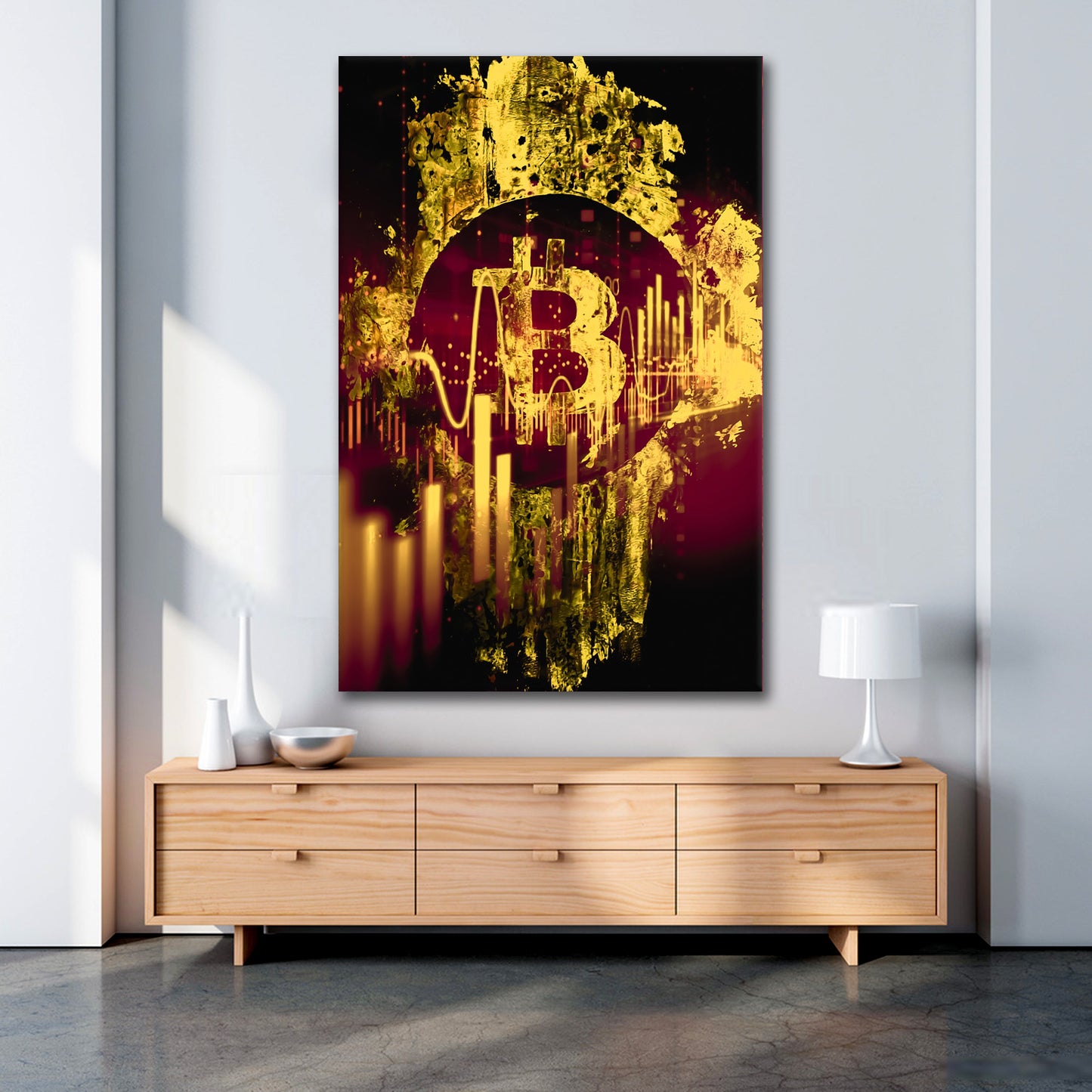 Wandbild Kunstwerk Dollar Bitcoin Gold Style Börse, Büro