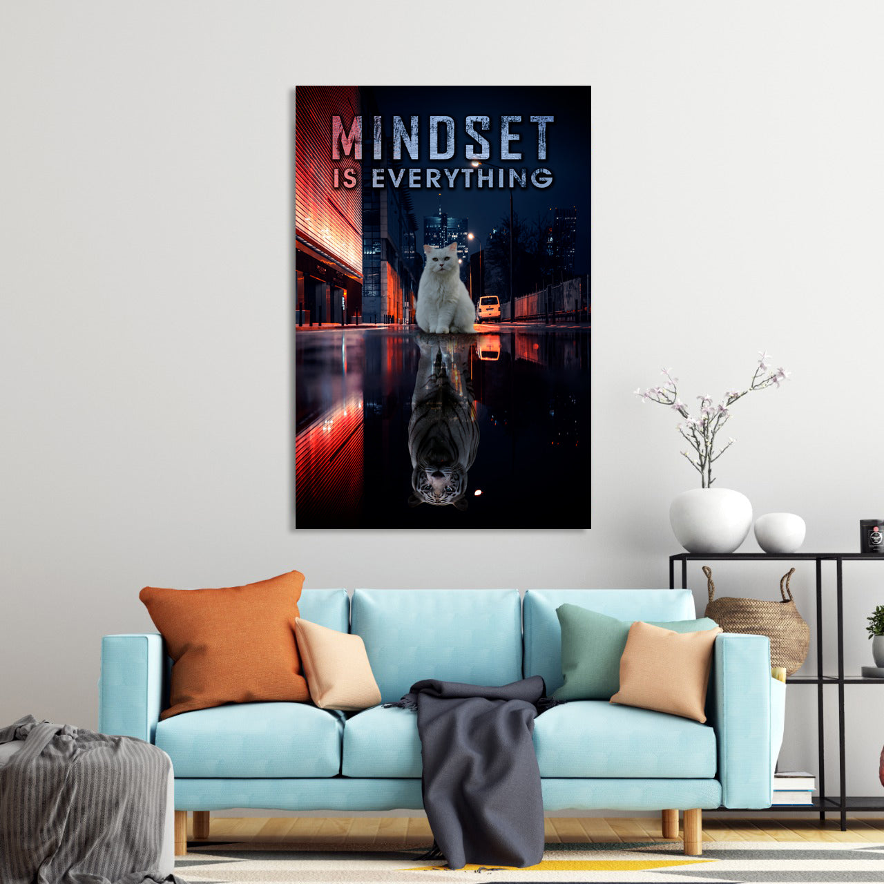 Wandbild Kunstwerk weiße Katze Mindset is Everything, Motivation