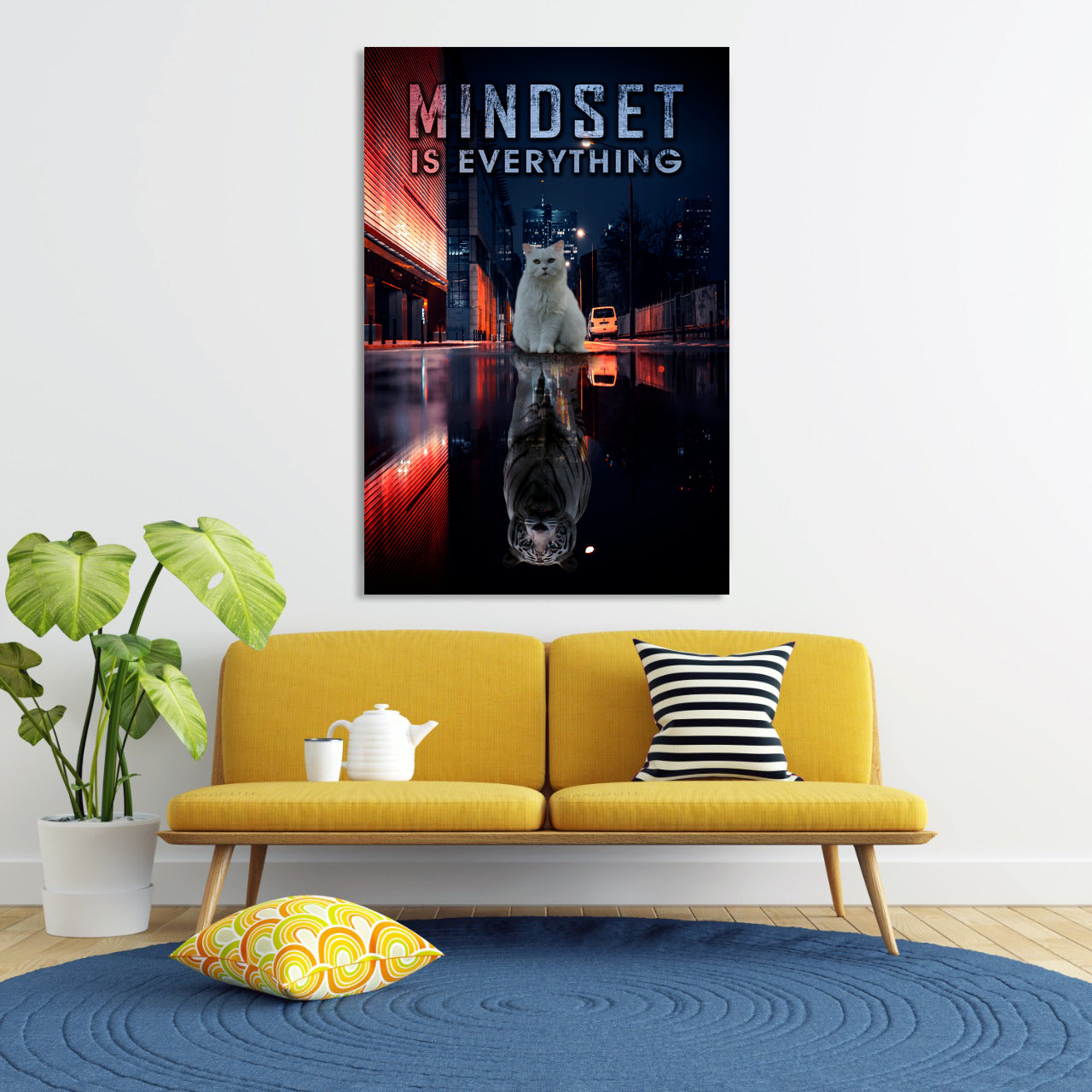 Wandbild Kunstwerk weiße Katze Mindset is Everything, Motivation