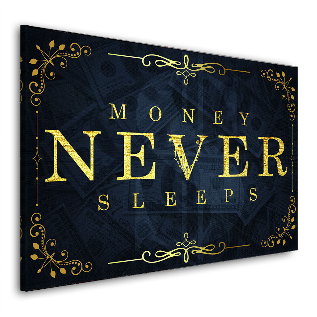 Wandbild Kunstwerk Money Never Sleeps Gold Blue Style, Motivation