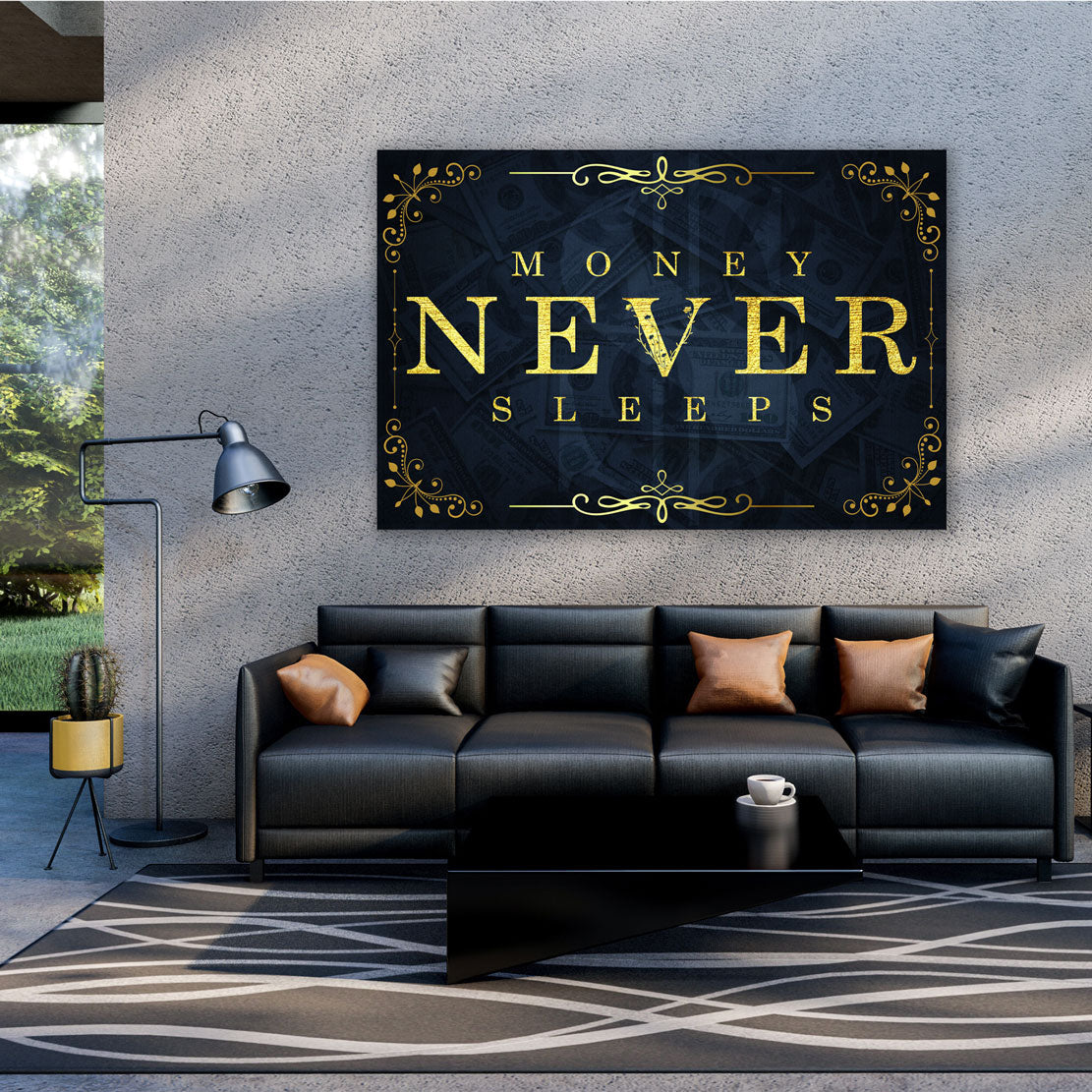 Wandbild Kunstwerk Money Never Sleeps Gold Blue Style, Motivation