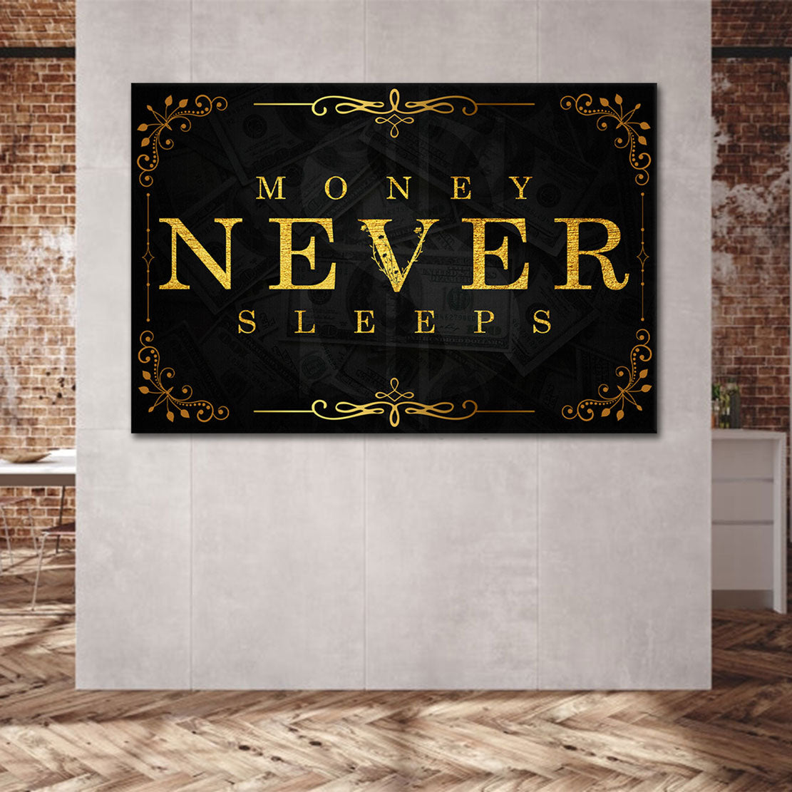 Wandbild Kunstwerk Money Never Sleeps Gold Style, Motivation