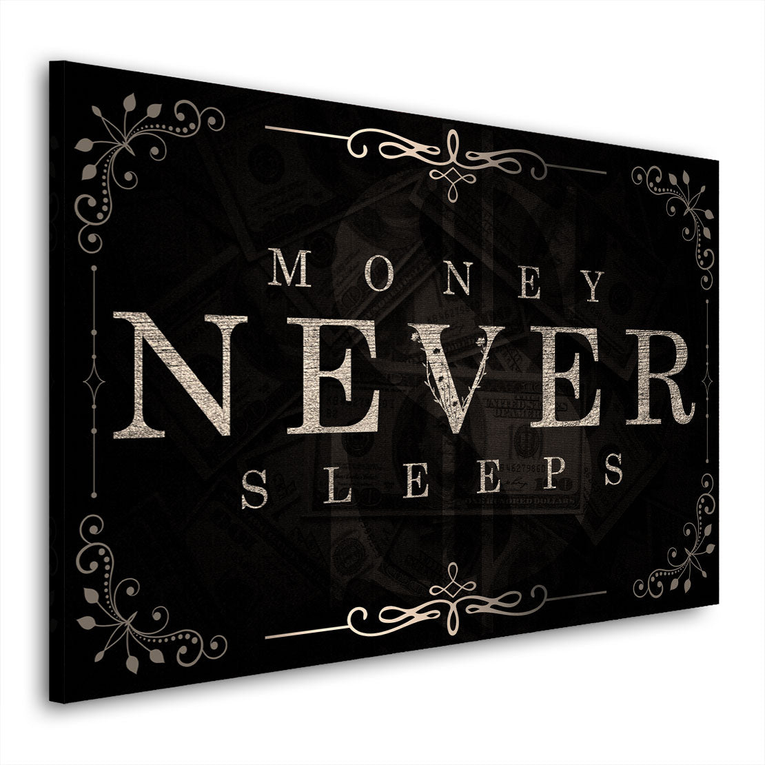 Wandbild Kunstwerk Money Never Sleeps Silver Black Style, Motivation