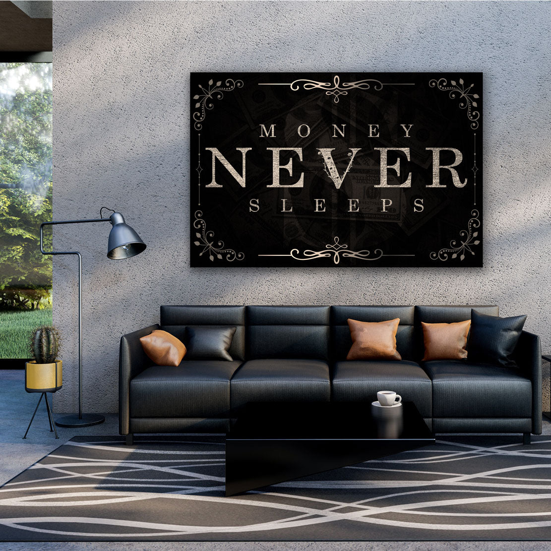 Wandbild Kunstwerk Money Never Sleeps Silver Black Style, Motivation