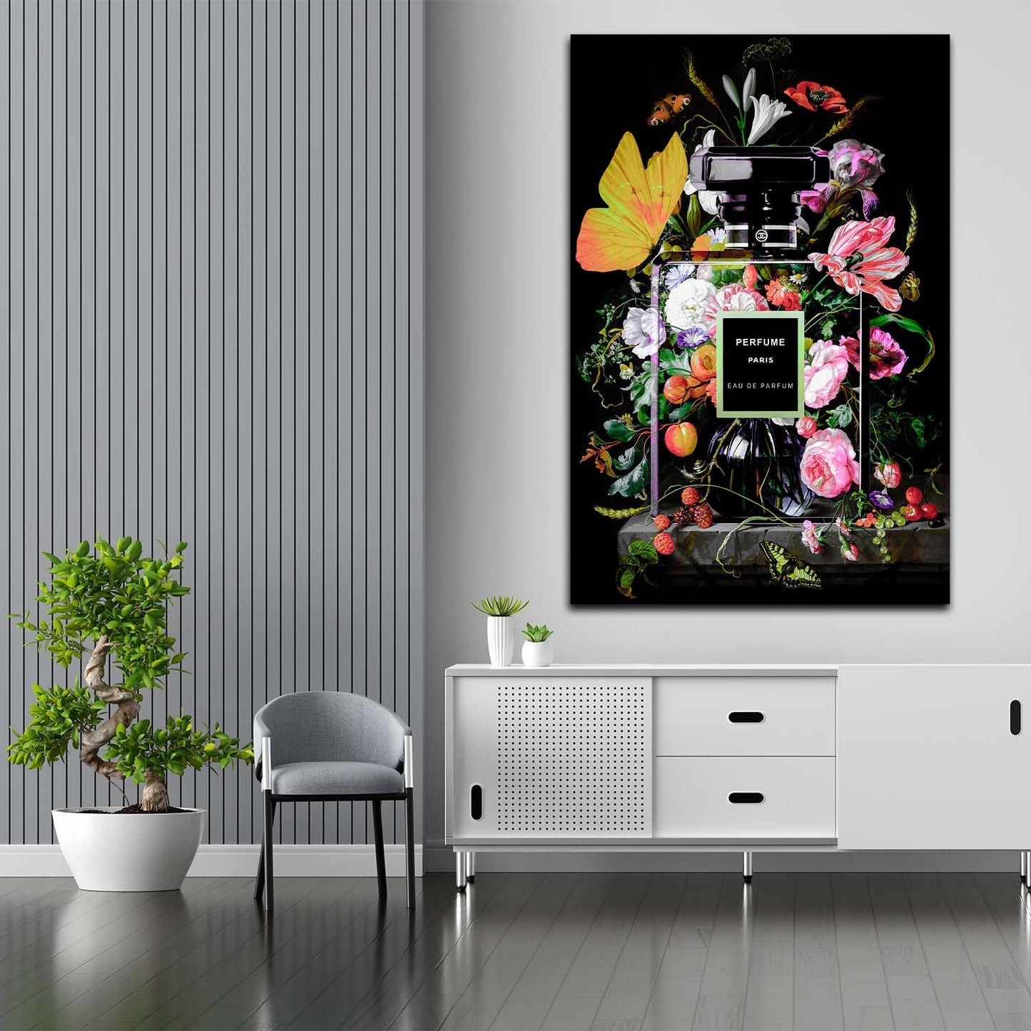 Wandbild Kunstwerk Parfümflasche mit Blumen Lifestyle Pop Art