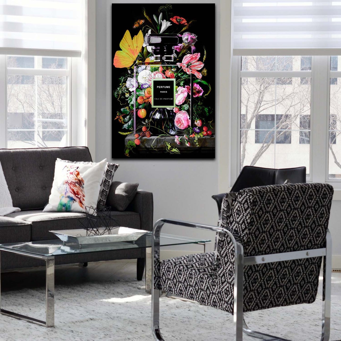 Wandbild Kunstwerk Parfümflasche mit Blumen Lifestyle Pop Art