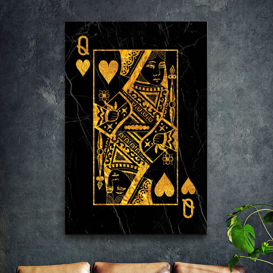 Wandbild Kunstwerk Poker Spielkarte Dame Gold Edition, Pop Art